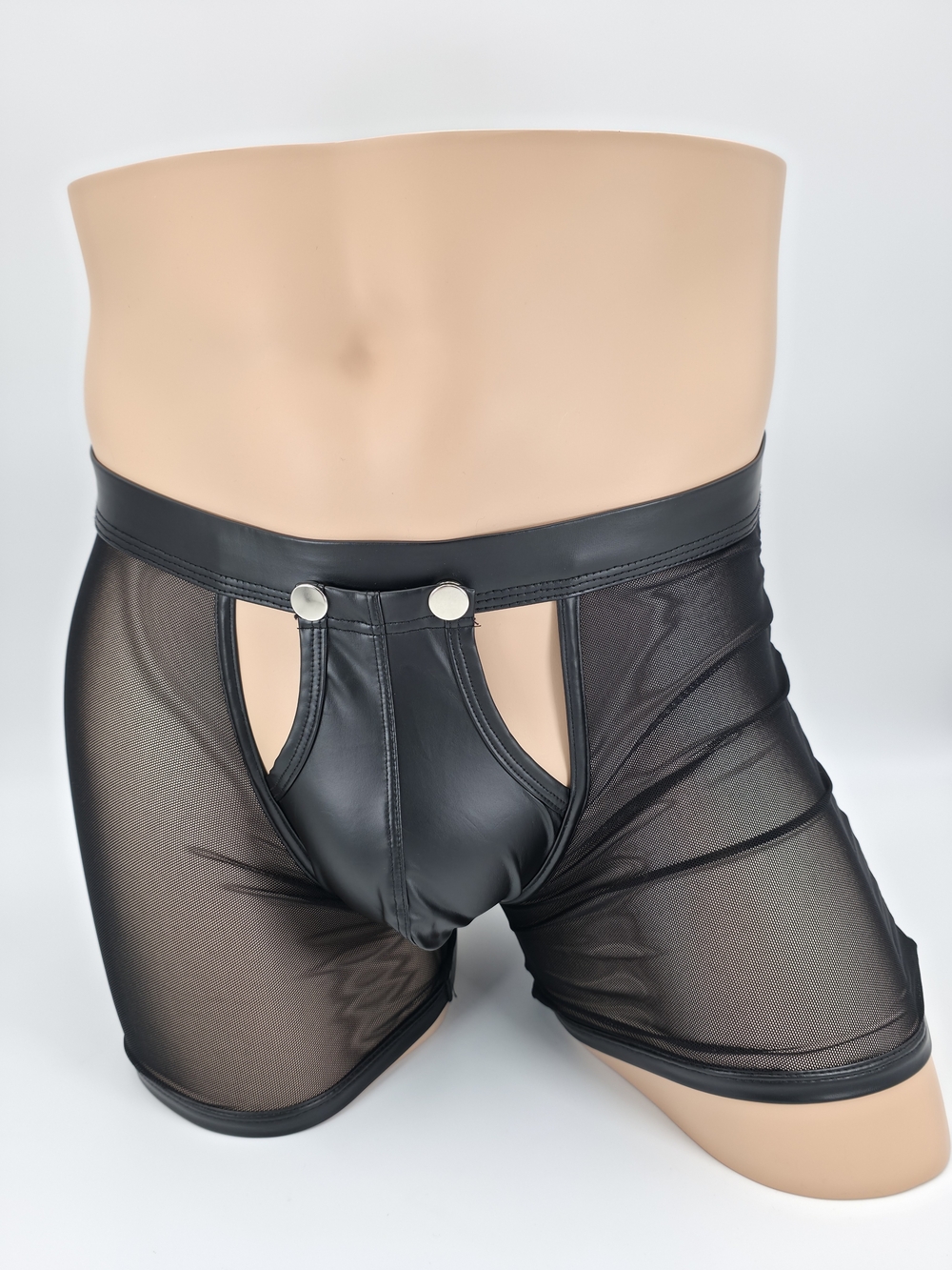 Source Unknown Black Sheer Mesh Boxer Briefs with Faux Leather Panel